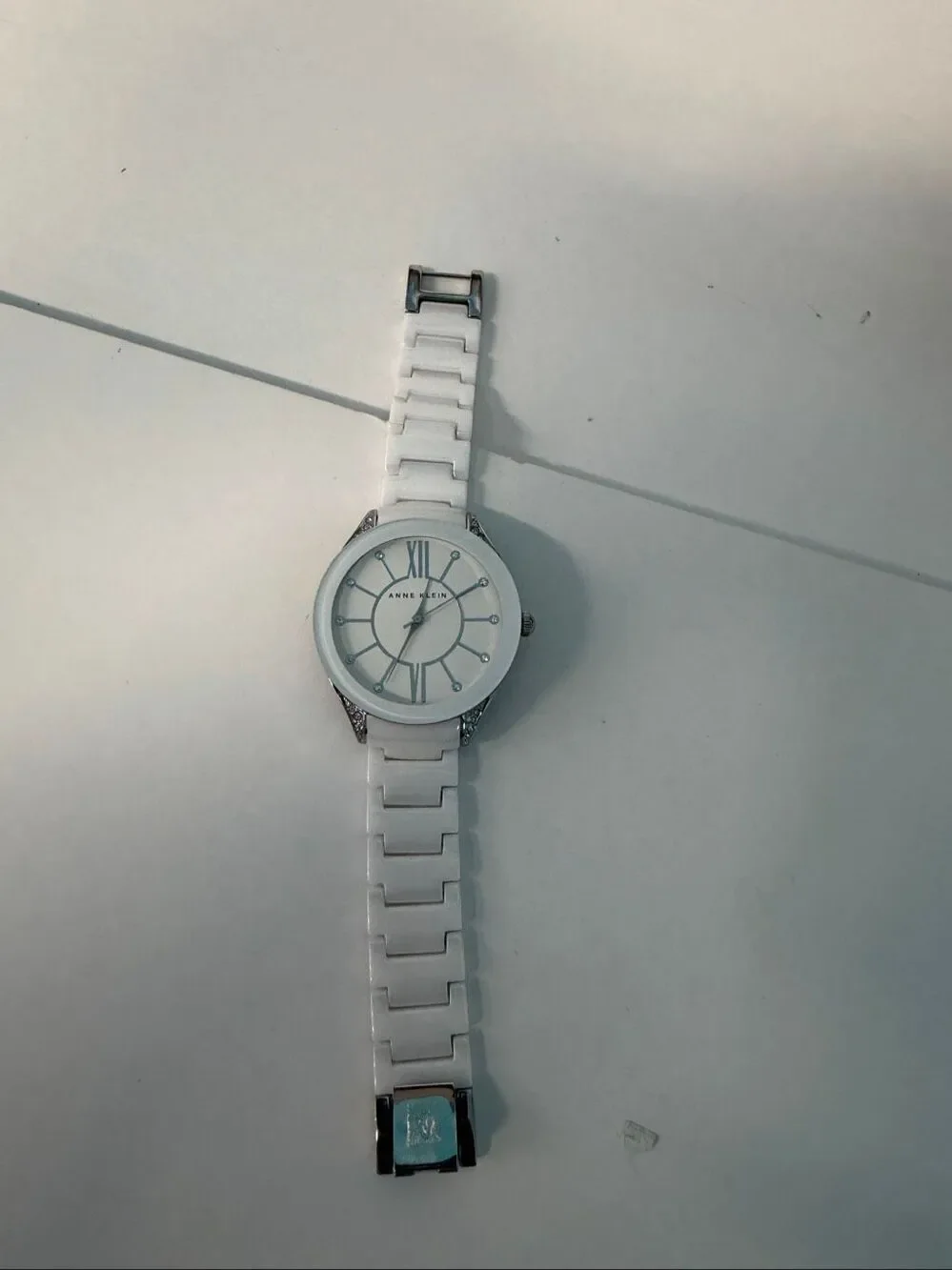Anne Klein White Ceramic Crystal Watch and box AK-1673WTSV